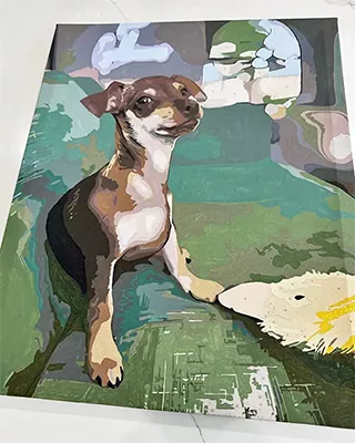 Custom paint by numbers portrait of a small brown dog relaxing on a sofa