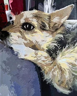 Custom paint by numbers portrait of a small tan dog resting comfortably on a cushion