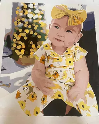 Custom paint by numbers portrait of a smiling baby girl in a sunflower dress