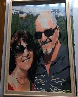 Custom paint by numbers portrait of a smiling couple wearing sunglasses outdoors
