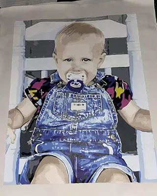 Custom paint by numbers portrait of a smiling toddler sitting in a chair with a pacifier