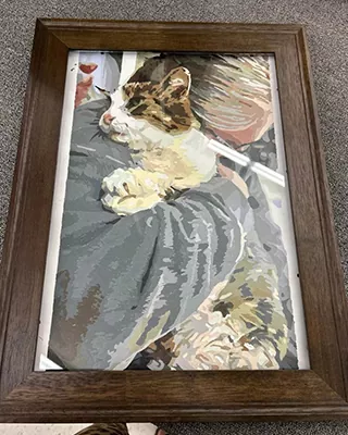 Custom paint by numbers portrait of a tabby Hugged by owner