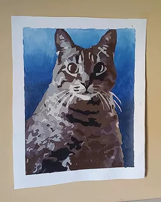 Custom paint by numbers portrait of a tabby cat against a blue background
