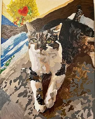 Custom paint by numbers portrait of a tabby cat relaxing on a cozy blanket