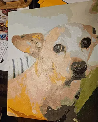 Custom paint by numbers portrait of a tan and white dog with expressive eyes