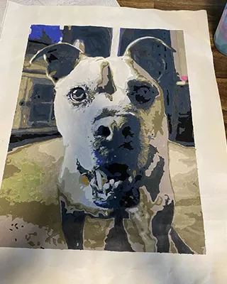 Custom paint by numbers portrait of a white dog in a close-up pose