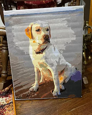 Custom paint by numbers portrait of a yellow Labrador sitting indoors