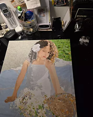 Custom paint by numbers portrait of a young girl in a white dress sitting outdoors