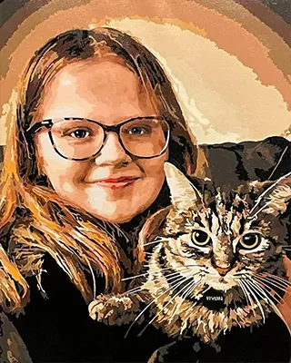 Customer holding a completed custom paint by numbers portrait