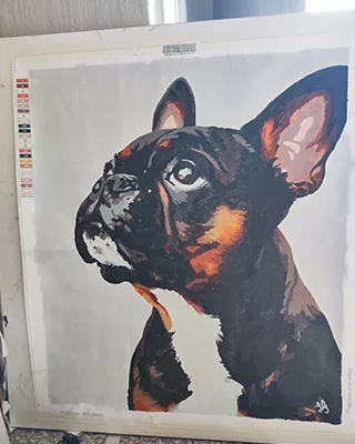 Custom paint by numbers portrait of an alert black and tan French bulldog gazing upward against a soft neutral background