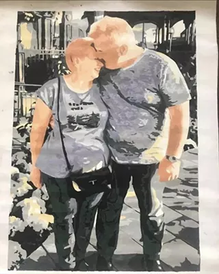 Custom paint by numbers portrait of an older couple sharing a sweet moment together