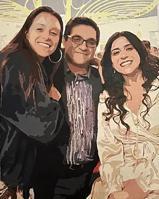 Custom paint by numbers portrait of three family members smiling together at a celebration