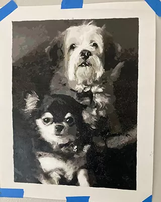 Custom paint by numbers portrait of two dogs in black and white