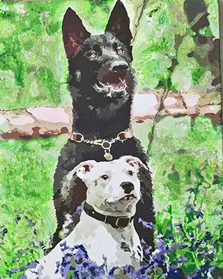 Custom paint by numbers portrait of two dogs surrounded by green foliage and flowers