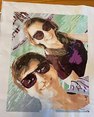 Custom paint by numbers portrait of two friends smiling together in sunglasses