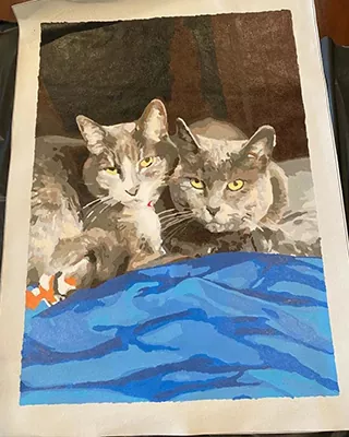 Custom paint by numbers portrait of two gray tabby cats relaxing together on a blue blanket