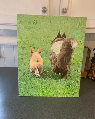 Custom paint by numbers portrait of two guinea pigs exploring a grassy lawn