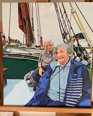 Custom paint by numbers portrait of two women enjoying a day aboard a sailboat