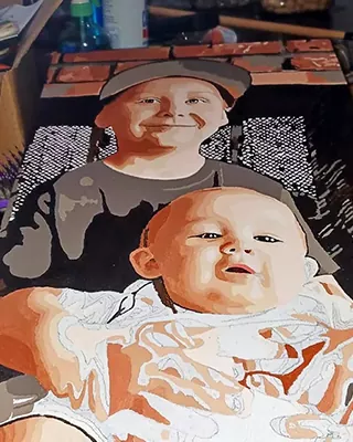 Custom paint by numbers portrait of two young siblings sharing a sweet moment
