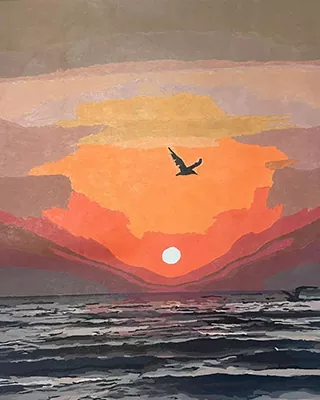 Custom paint by numbers seascape featuring a colorful sunset and bird flying over the ocean