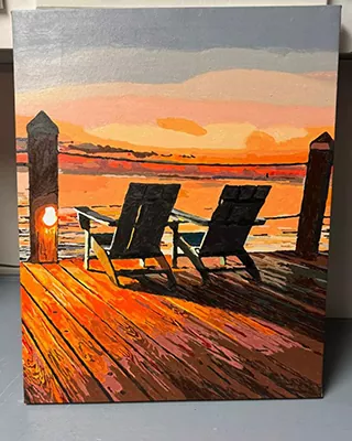 Custom paint by numbers sunset featuring Adirondack chairs on a lakeside dock