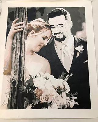 Custom paint by numbers wedding portrait of a bride and groom sharing a quiet moment