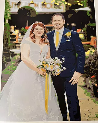 Custom paint by numbers wedding portrait of a smiling bride and groom