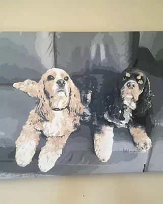 Custom pet paint by numbers portrait of two dogs relaxing on a sofa