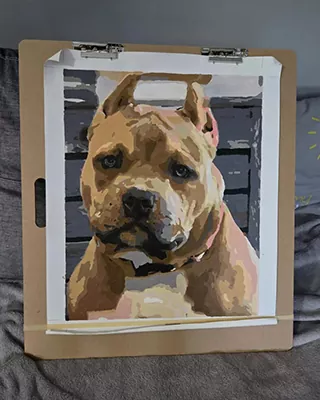 Custom pet portrait of a brown pit bull with a white chest