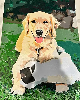 Custom pet portrait of a golden retriever lying on green grass with a toy