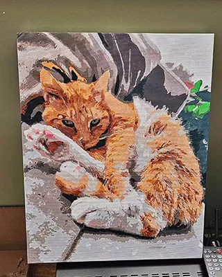 Customer holding a completed custom paint by numbers portrait