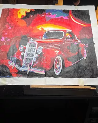 Dramatic paint by numbers of a vintage red hot rod glowing