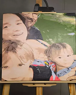 Family of four together in a custom paint by numbers portrait