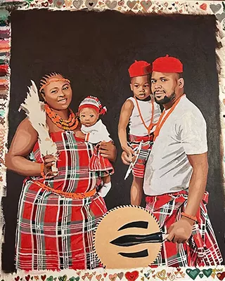 Family of four wearing matching traditional outfits in a personalized paint by numbers portrait