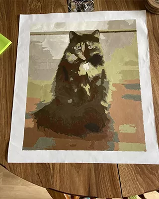 Finished custom paint by numbers portrait of a fluffy black cat