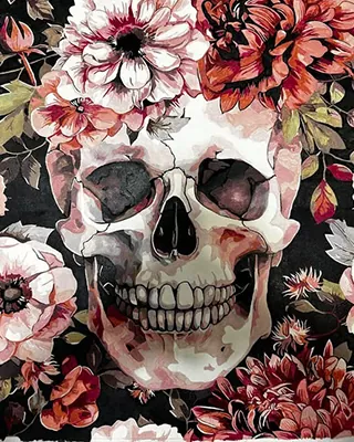 Floral skull crowned with dramatic blooming flowers