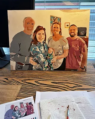 Four family members posing together in a custom paint by numbers portrait