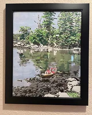 Framed custom paint by numbers landscape of two people kayaking on a peaceful forest lake