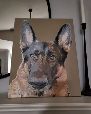 German Shepherd close-up featured in a custom paint by numbers portrait