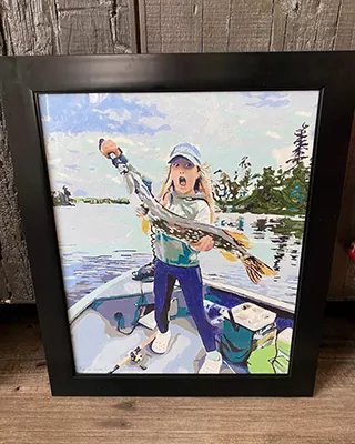 Girl proudly holding a large fish on a boat in a personalized paint by numbers portrait