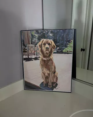 Golden Retriever sitting outdoors in a personalized paint by numbers portrait