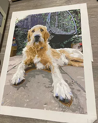 Golden dog relaxing outdoors in a personalized paint by numbers portrait