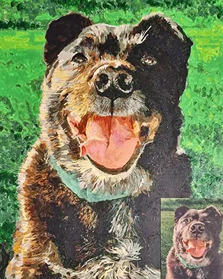 Happy custom pet paint by numbers of a smiling black and tan dog shown beside the original reference photo