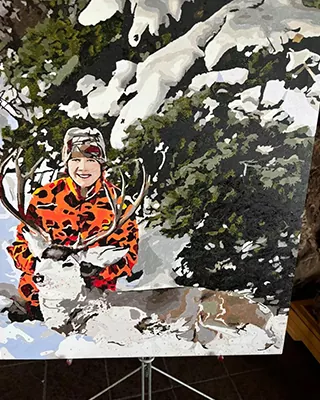 Hunter posing with a deer in a snowy forest custom paint by numbers portrait