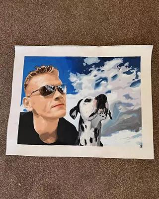 Man in sunglasses posing with his dog in a personalized paint by numbers portrait