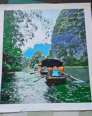 Peaceful boat ride through a lush mountain river in a personalized paint by numbers landscape