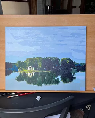 Peaceful lakeside landscape with trees reflected in the water, recreated as a custom paint by numbers