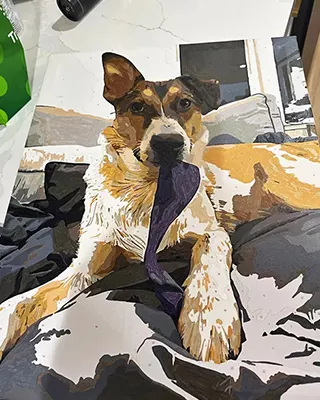 Playful dog in a custom paint by numbers portrait