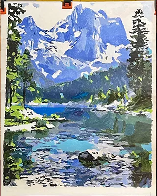 Snowy mountain peaks overlooking a clear blue river in a personalized paint by numbers landscape