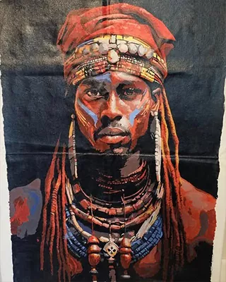 Striking warrior portrait in rich red and blue tones with traditional jewelry